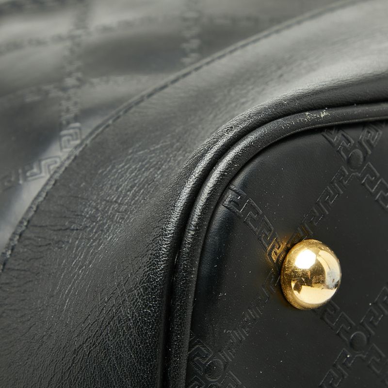 Versace Sunburst Greca Boston Bag Tote Black Gold Leather