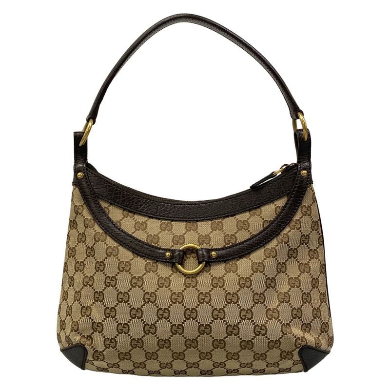 Gucci Handbag Horsebit GG Pattern Dark Brown Beige Leather