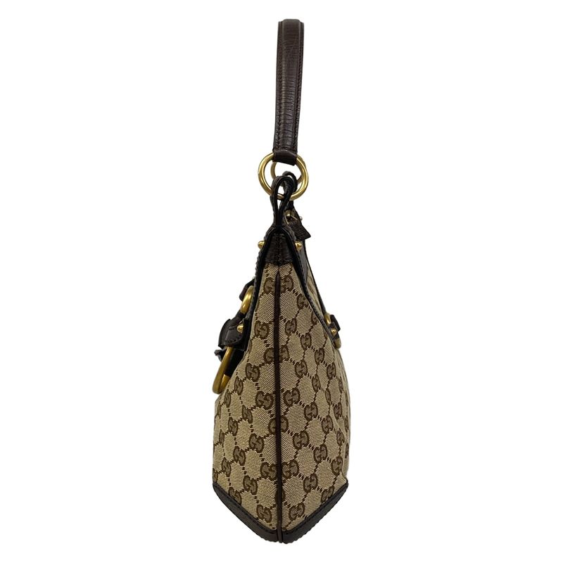 Gucci Handbag Horsebit GG Pattern Dark Brown Beige Leather