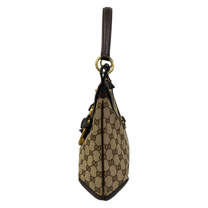Gucci Handbag Horsebit GG Pattern Dark Brown Beige Leather