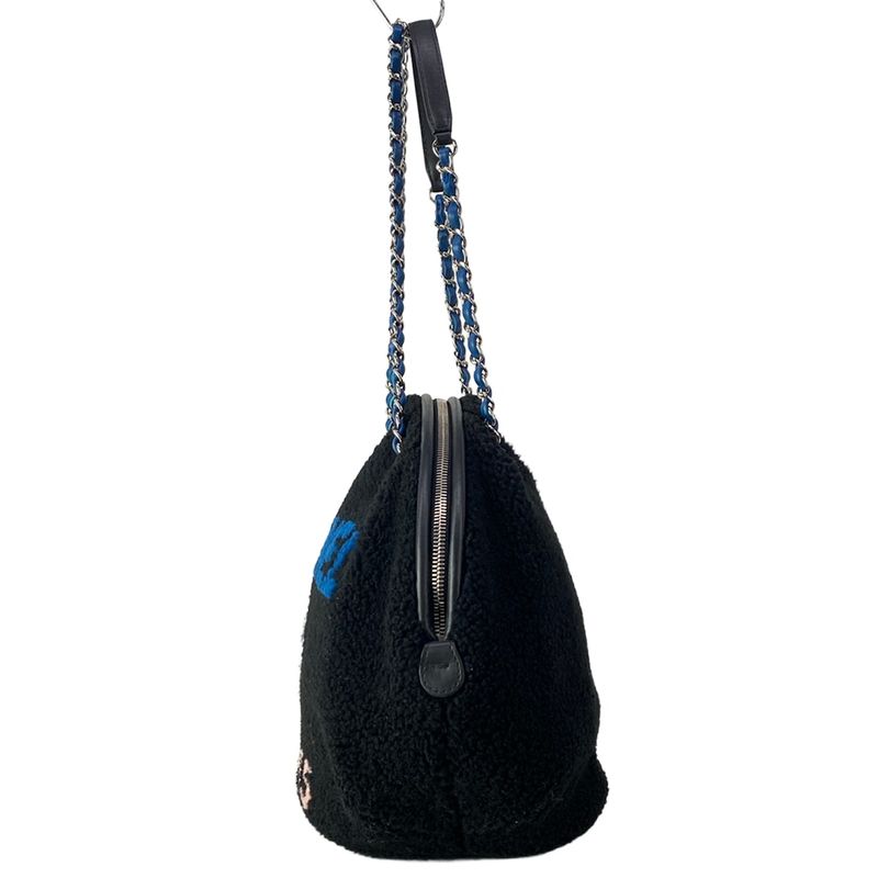 Chanel Shoulder Bag Deauville Line Black Blue Pink Chain Silver Leather