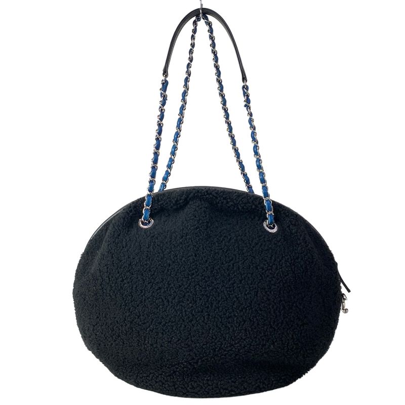 Chanel Shoulder Bag Deauville Line Black Blue Pink Chain Silver Leather