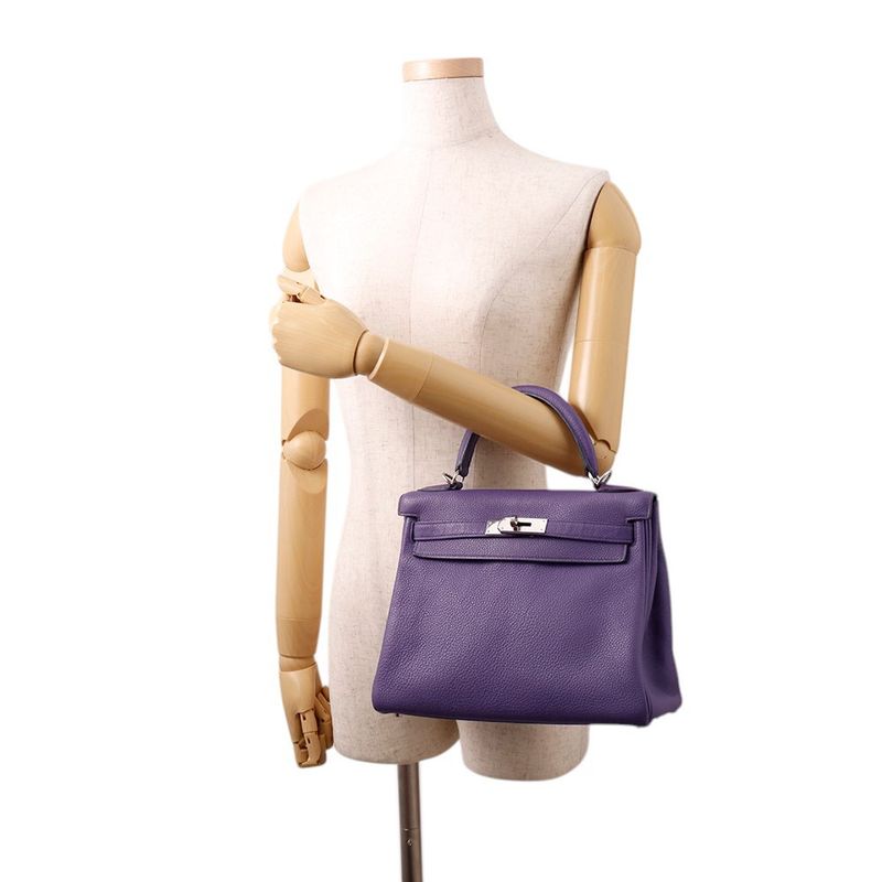 Hermes Handbag Kelly 28 Retourne Iris Silver Togo 2-Way