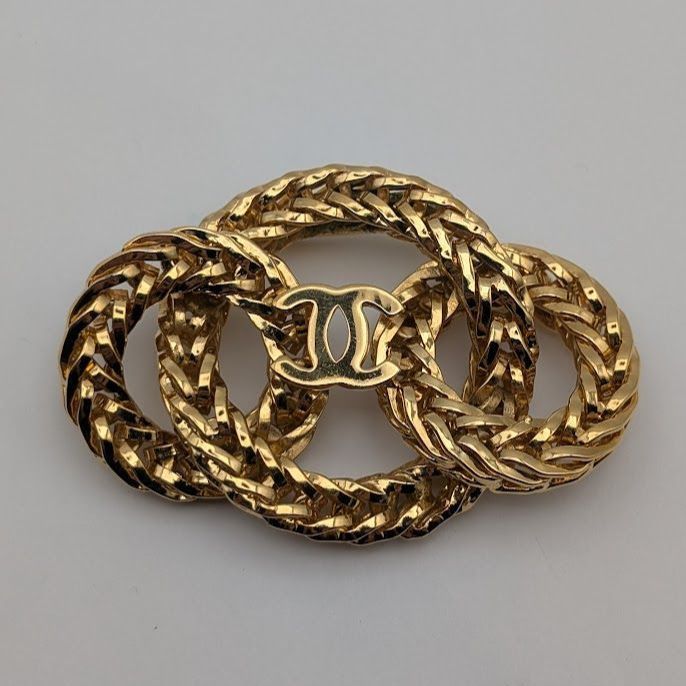Chanel Brooch CC Logo Gold Ring 3 Rows Vintage