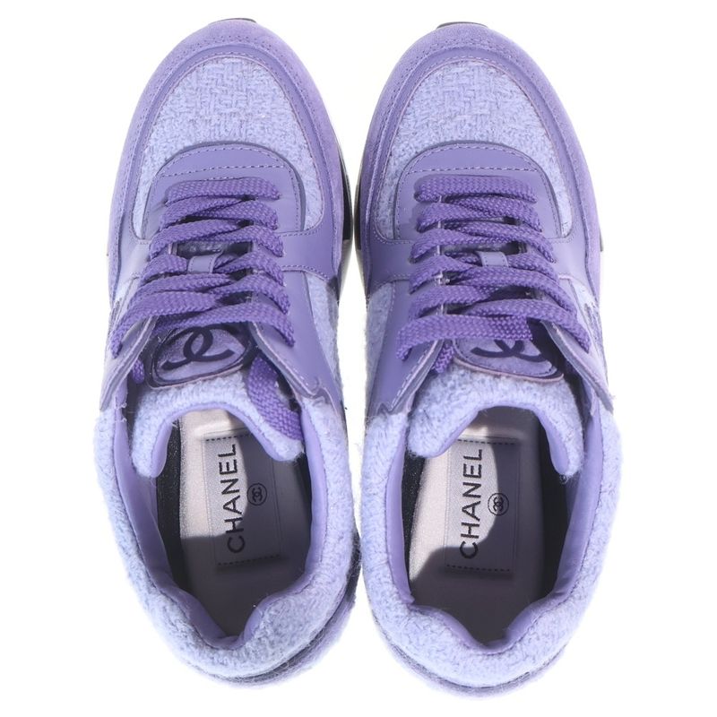 Chanel CC Logo Wool Tweed Low Cut Sneakers Purple