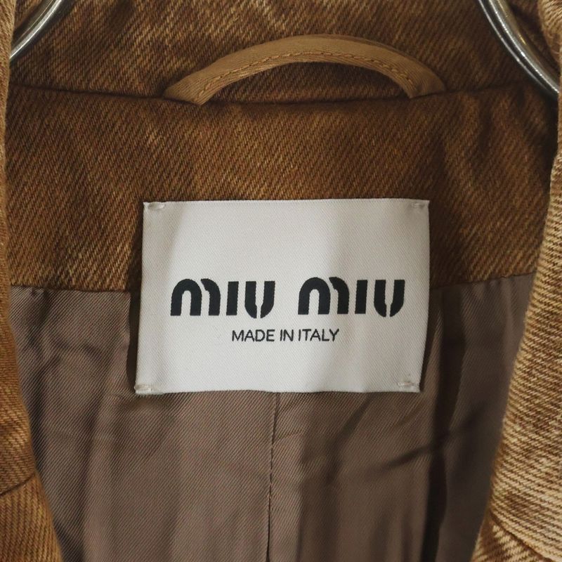 Miu Miu Logo Embossed Denim Long Coat Brown