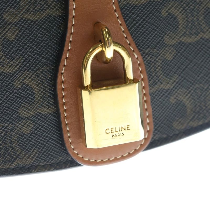 Celine Triomphe Tab Mini Shoulder Bag Pochette Brown Leather Gold