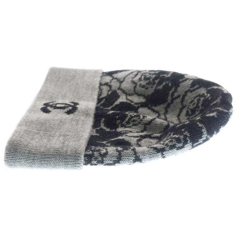 Chanel Camellia CC Logo Cashmere Blend Wool Knit Bikini Cap Hat Gray Black