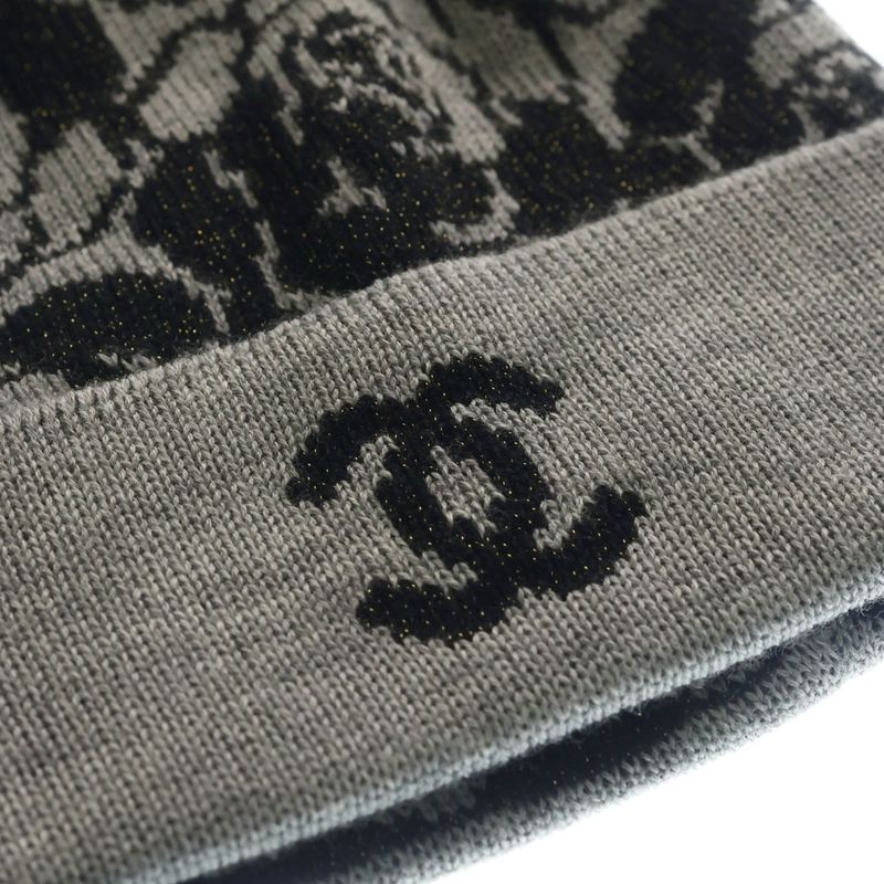Chanel Camellia CC Logo Cashmere Blend Wool Knit Bikini Cap Hat Gray Black