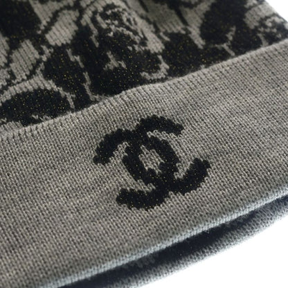 Chanel Camellia CC Logo Cashmere Blend Wool Knit Bikini Cap Hat Gray Black