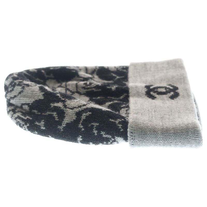 Chanel Camellia CC Logo Cashmere Blend Wool Knit Bikini Cap Hat Gray Black
