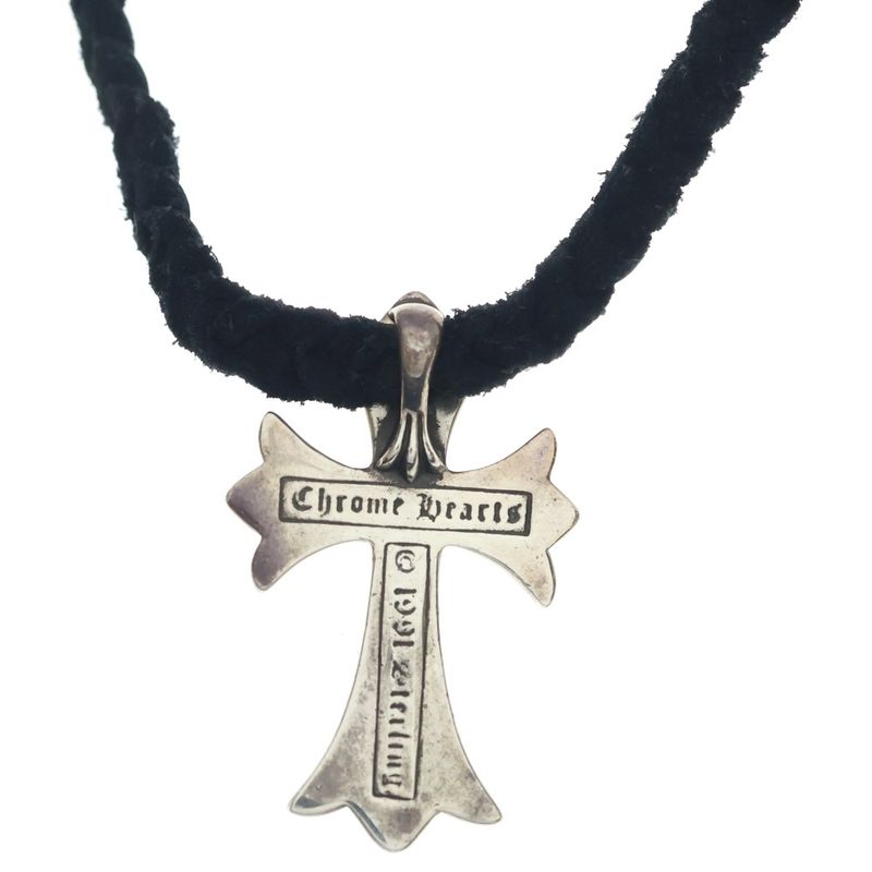 Chrome Hearts CH Crs Sml CL Small CH Cross Crimp Leather Braid Necklace Silver