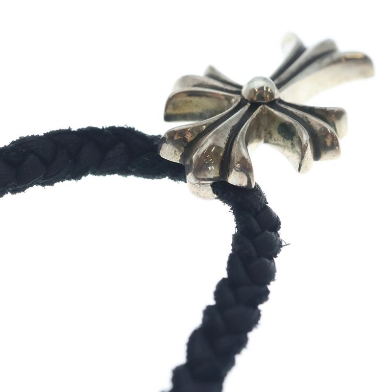 Chrome Hearts CH Crs Sml CL Small CH Cross Crimp Leather Braid Necklace Silver