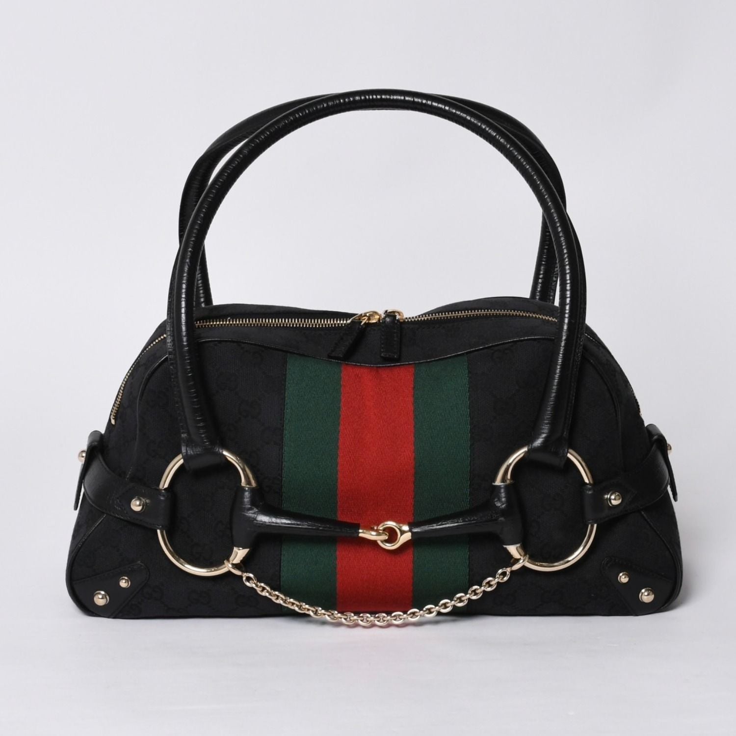 Gucci Horsebit Boston Handbag Sherry Line GG Canvas Black