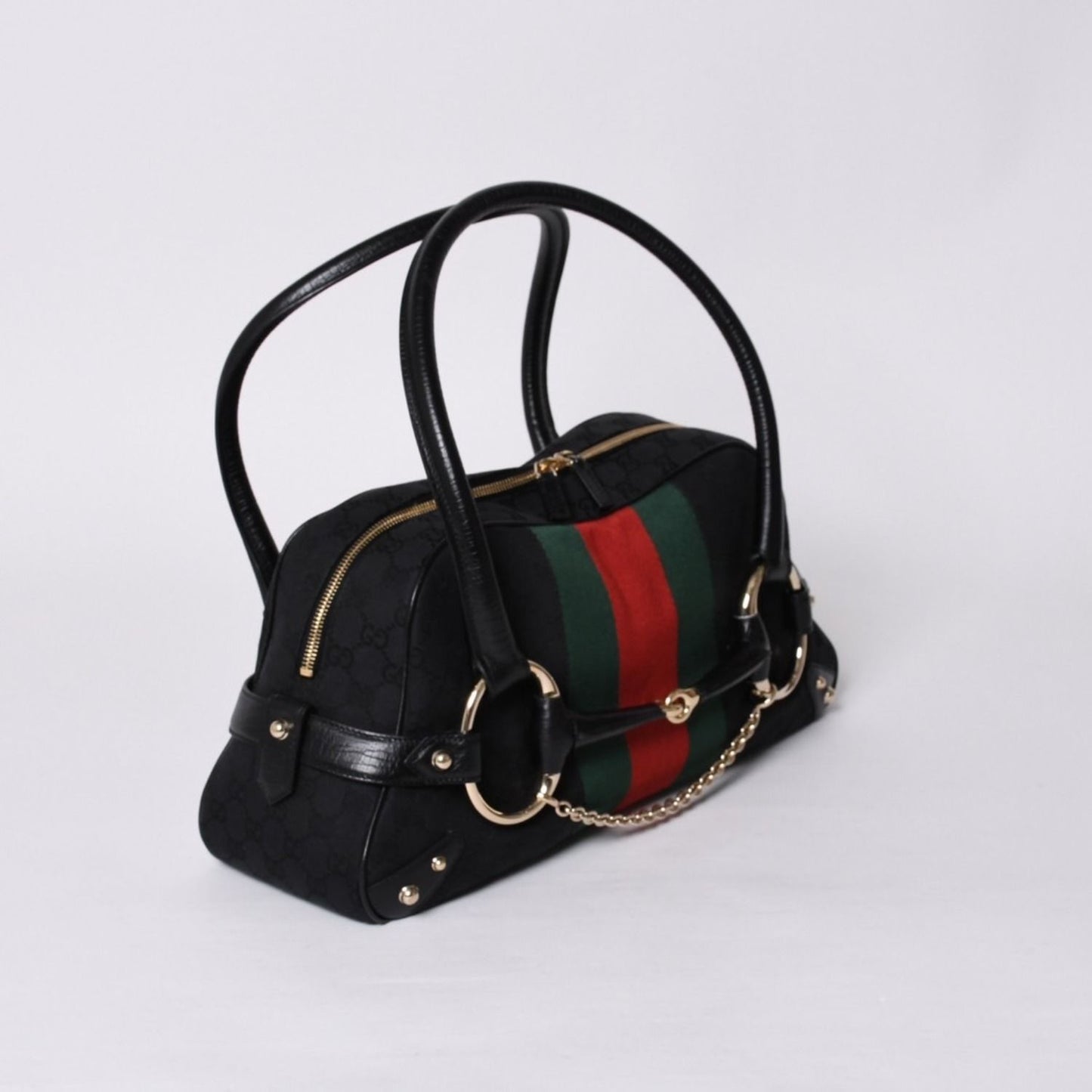 Gucci Horsebit Boston Handbag Sherry Line GG Canvas Black — view 3
