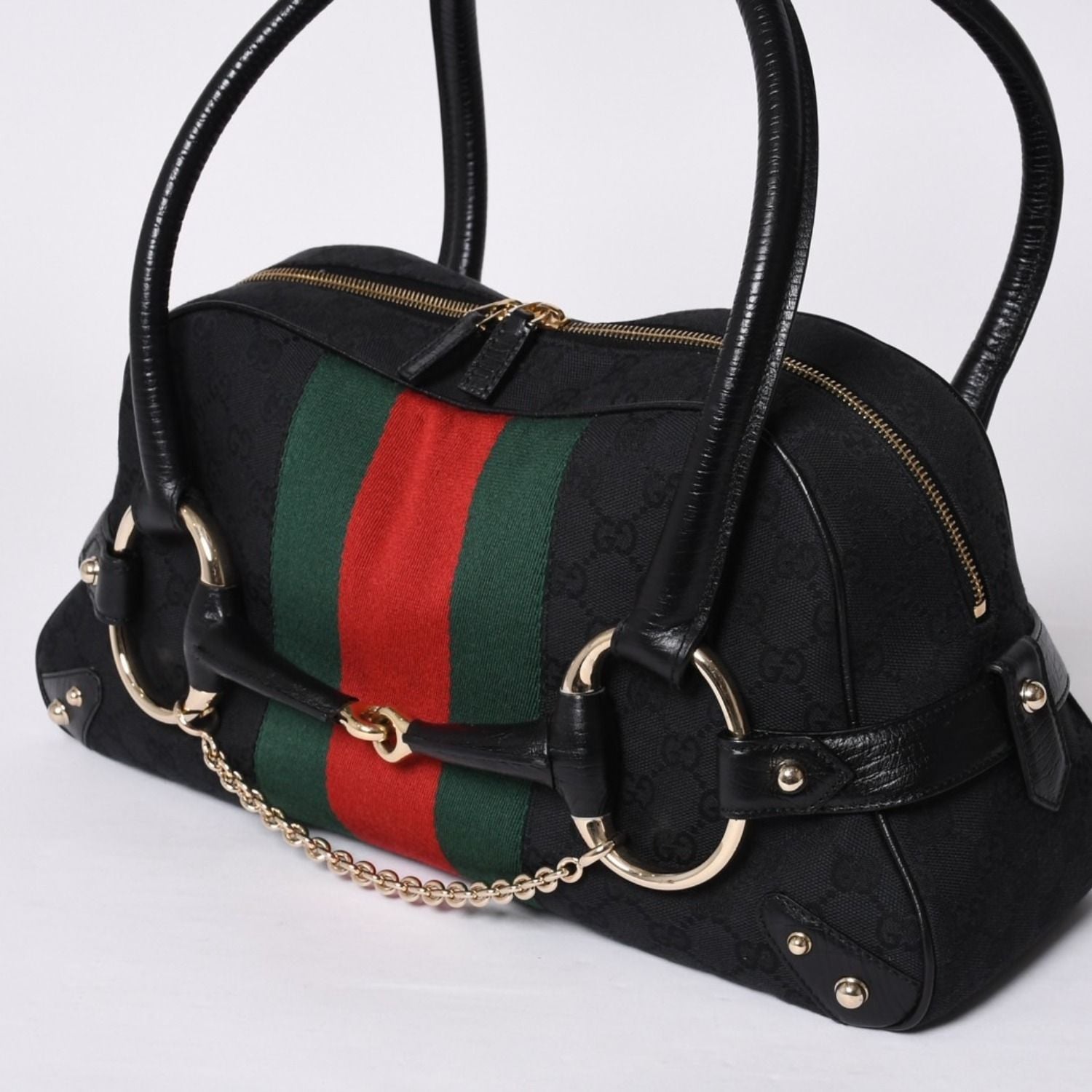Gucci Horsebit Boston Handbag Sherry Line GG Canvas Black — view 4