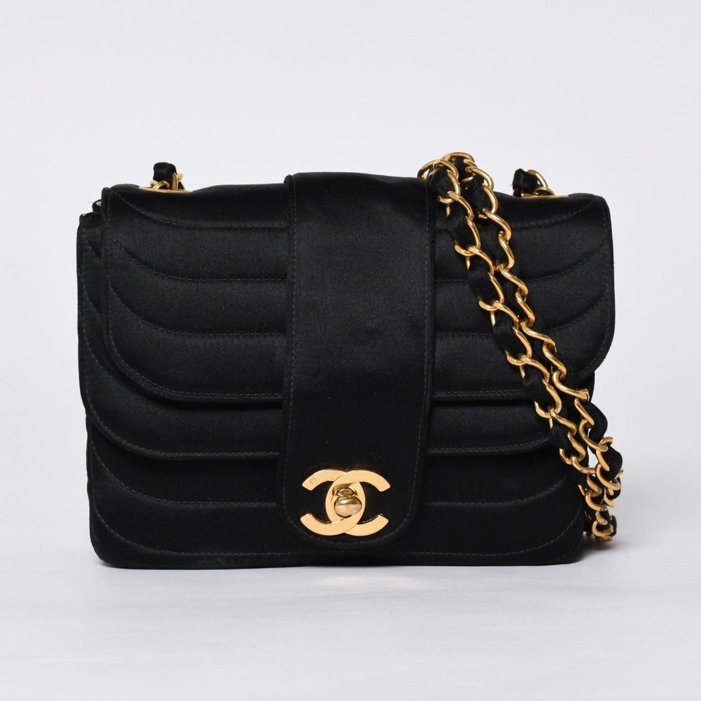 Chanel Mademoiselle Mini Chain Shoulder Bag CC Logo Satin Black Gold
