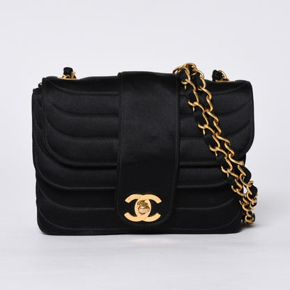 Chanel Mademoiselle Mini Chain Shoulder Bag CC Logo Satin Black Gold
