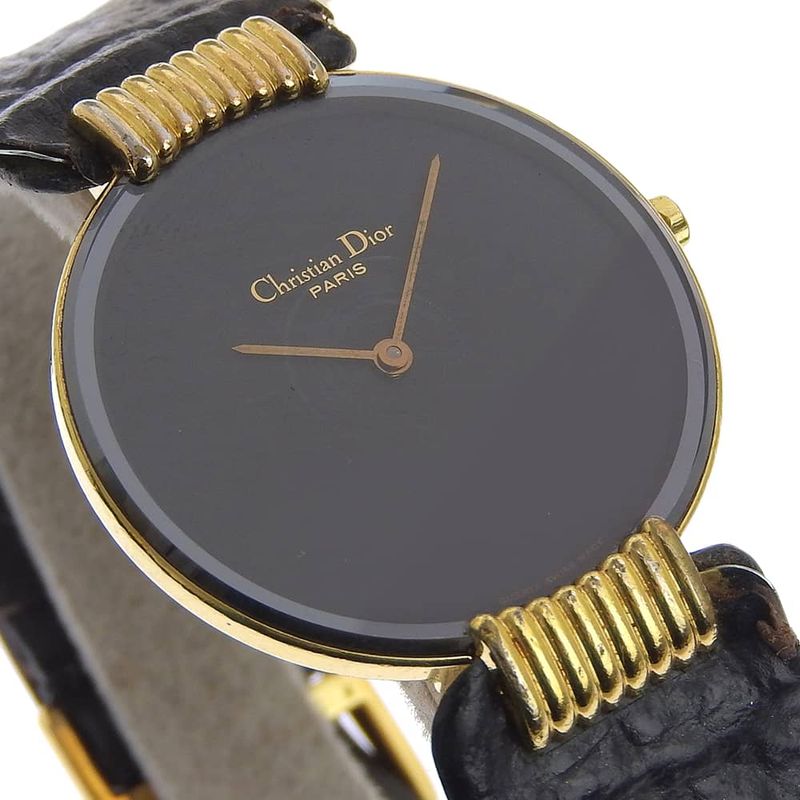 Dior Bakira 47. Gold Plated Leather Quartz Analog Display Black Dial Watch
