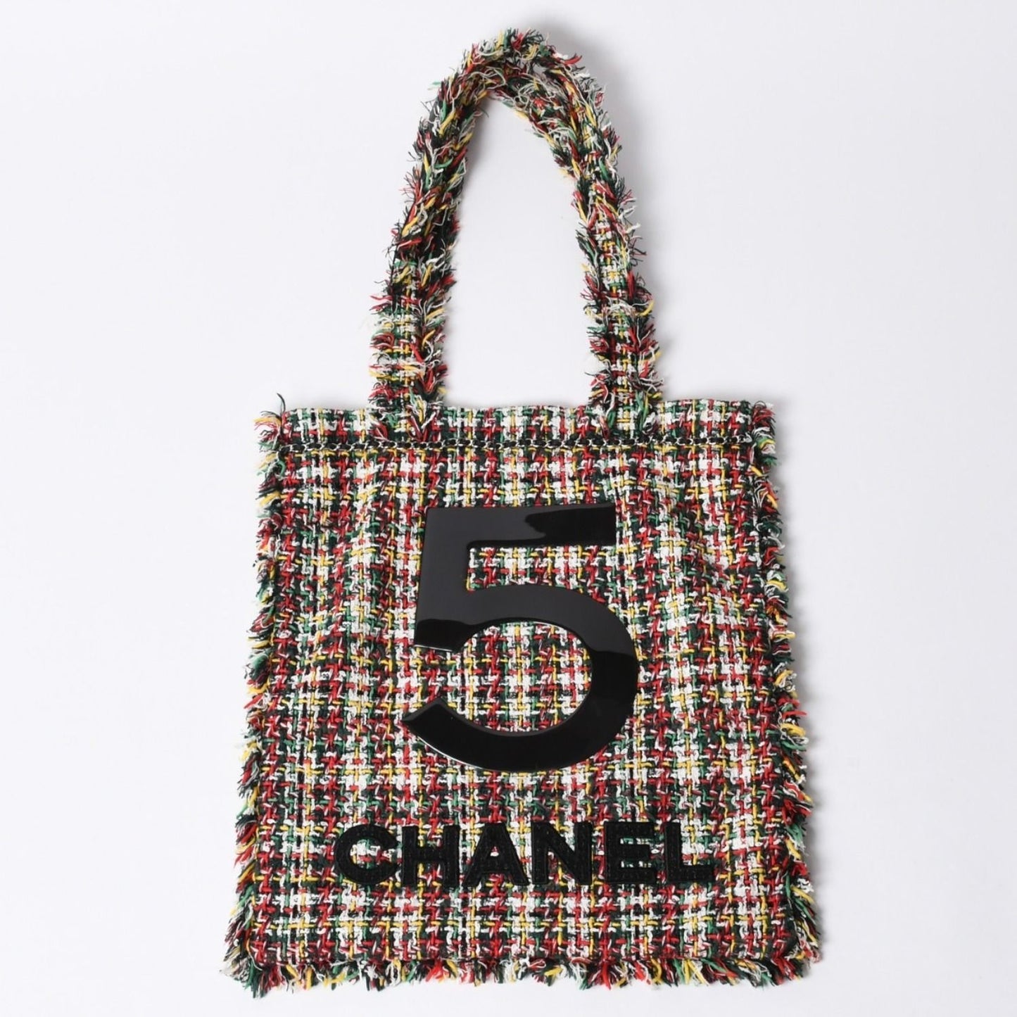 Chanel No 5 Tote Bag CC Logo Patch Tweed Leather Multicolor Silver