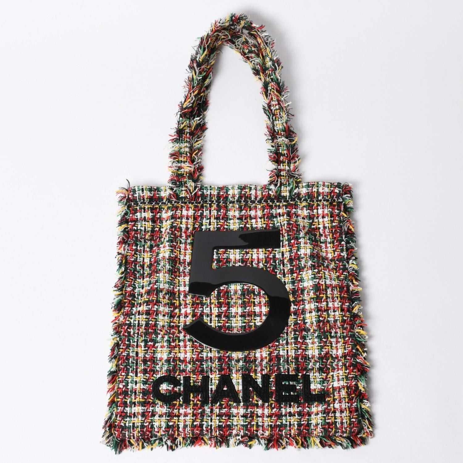 Chanel No 5 Tote Bag CC Logo Patch Tweed Leather Multicolor Silver
