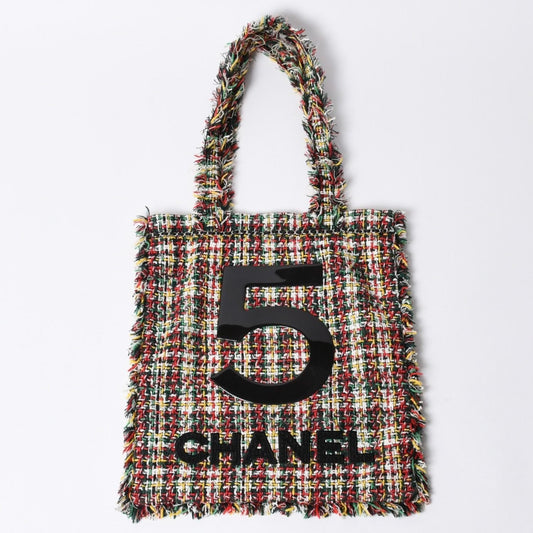 Chanel No 5 Tote Bag CC Logo Patch Tweed Leather Multicolor Silver