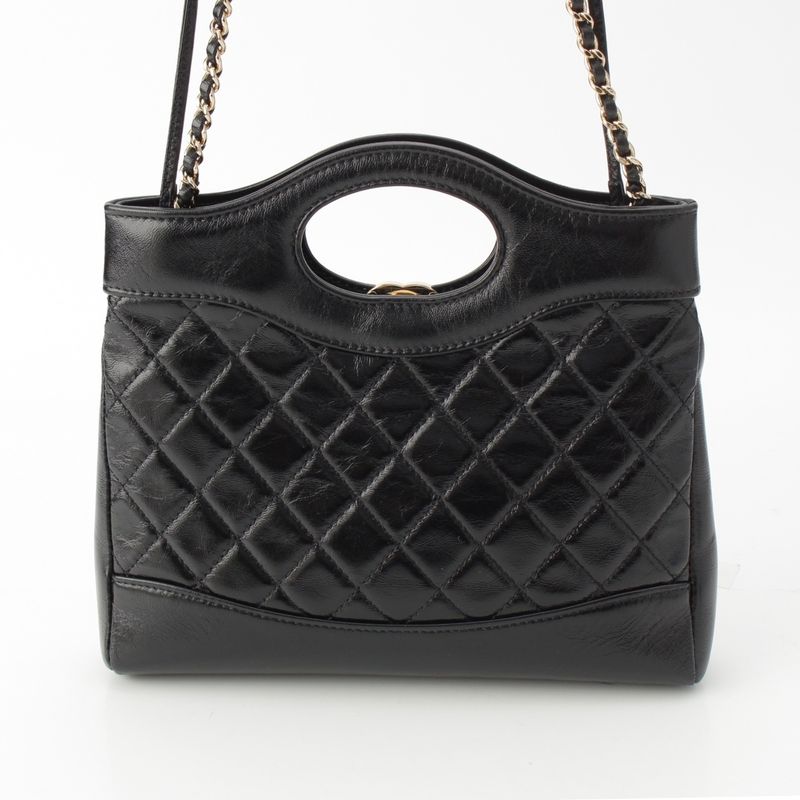 Chanel 31 Trantean Mini Shiny Calf Shopping 2-Way Shoulder Handbag Black