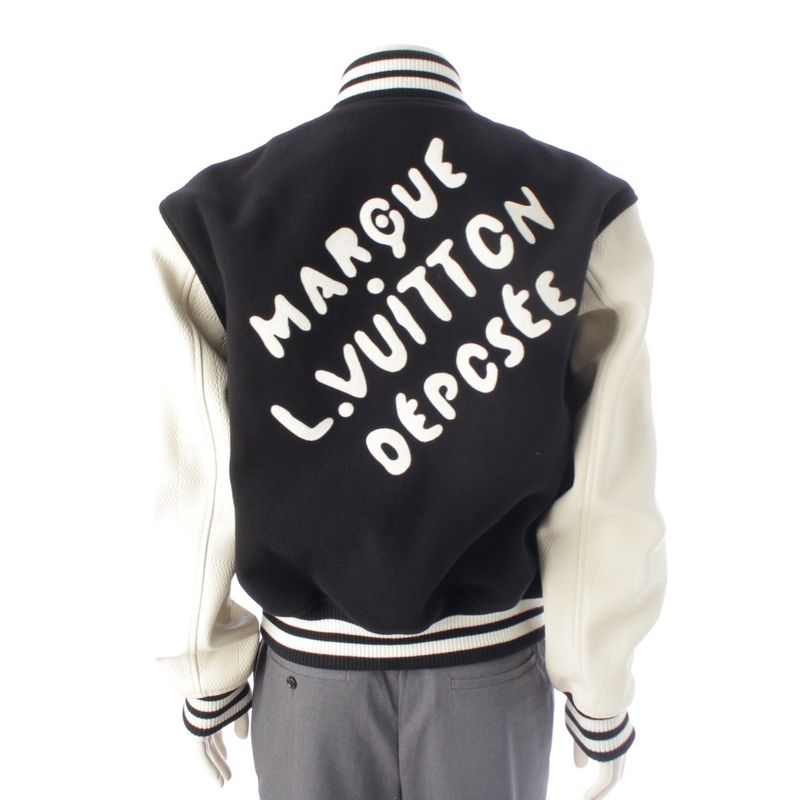 Louis Vuitton Wool Arm Leather Logo Patch Stadium Jean Jacket Bqv Black White 52