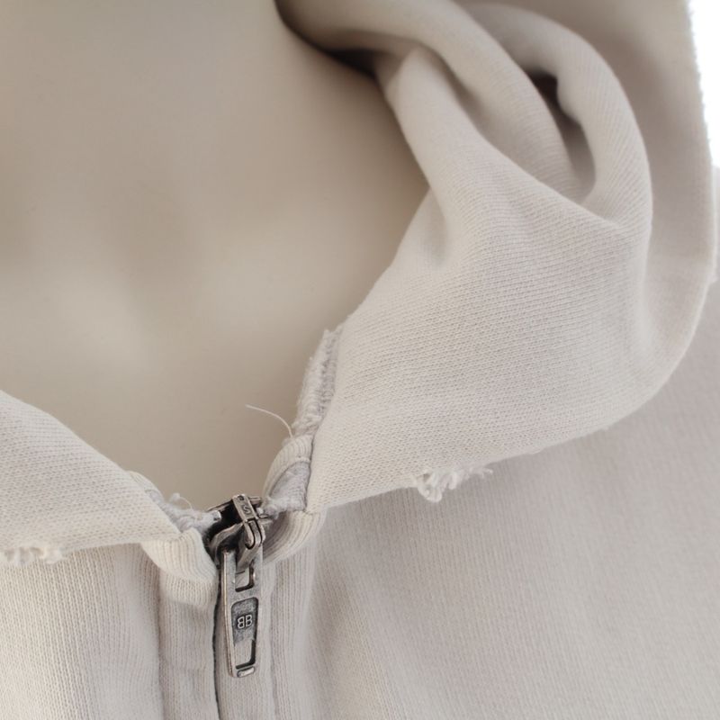 Balenciaga Cotton Logo Zip Up Hoodie Dirty Effect White Blue