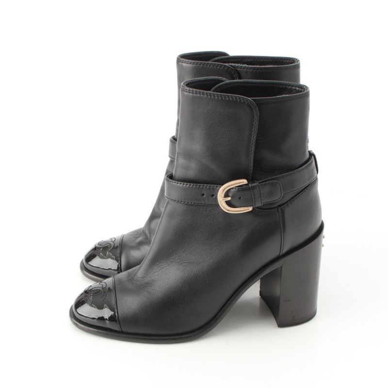 Chanel Leather CC Logo Belted Boots Black 35 2 1