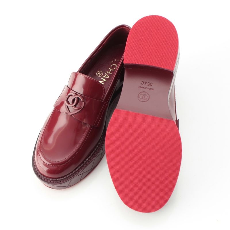 Chanel 24k Shiny Calfskin CC Logo Heart Platform Loafers Shoes Red 35.5