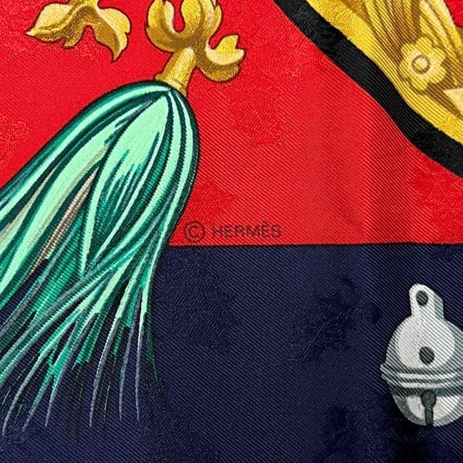 Hermes Scarf Carre 90 Red Navy Feather and Bell