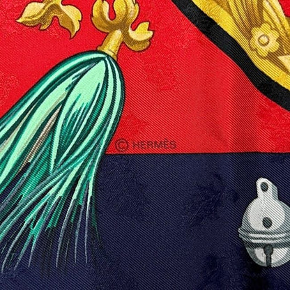 Hermes Scarf Carre 90 Red Navy Feather and Bell