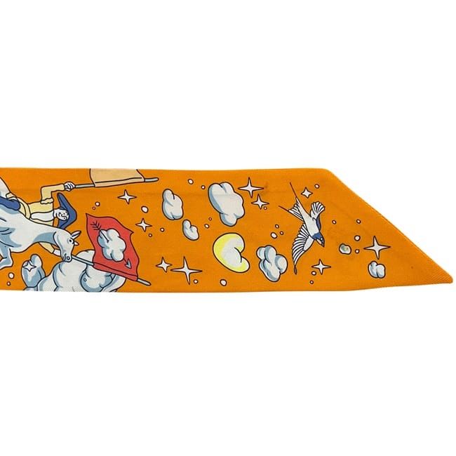 Hermes Ribbon Twilly Light Blue Orange Animal Cleaned Scarf