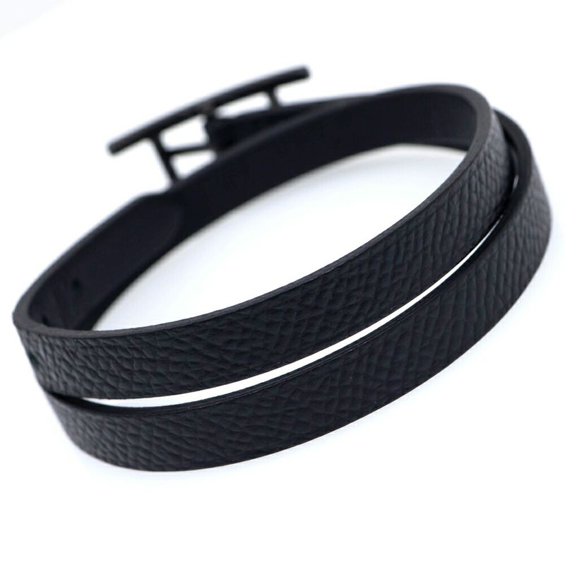 Hermes Leather Bracelet Behapi Double Tour Sole Black Swift T4