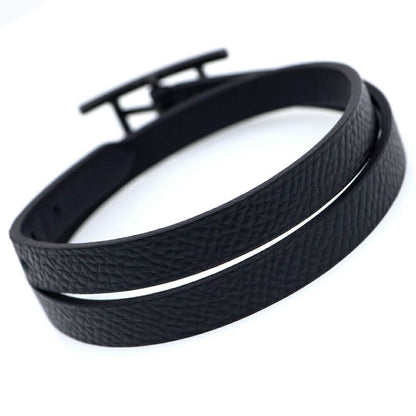 Hermes Leather Bracelet Behapi Double Tour Sole Black Swift T4