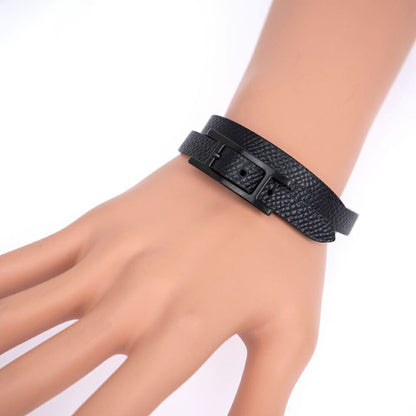 Hermes Leather Bracelet Behapi Double Tour Sole Black Swift T4