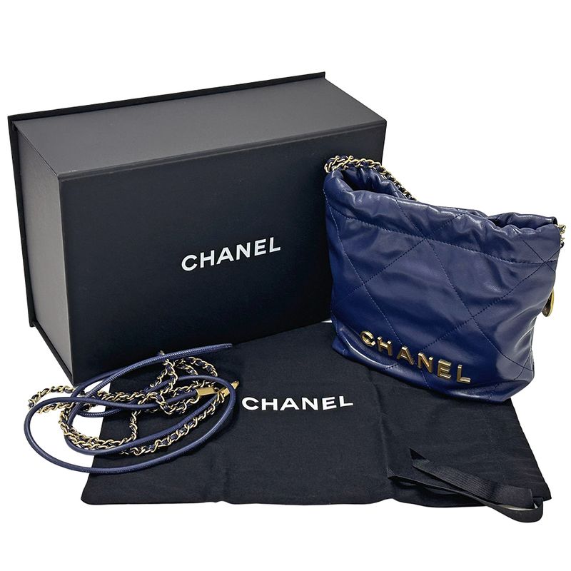 Chanel 2-Way Shoulder Bag 22 Leather Navy Gold Chain