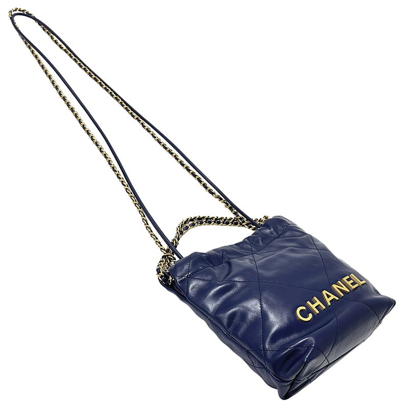 Chanel 2-Way Shoulder Bag 22 Leather Navy Gold Chain