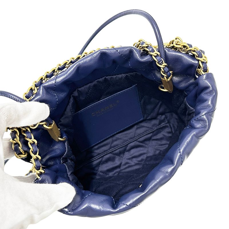 Chanel 2-Way Shoulder Bag 22 Leather Navy Gold Chain