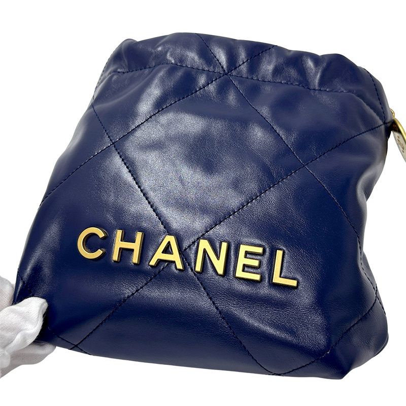 Chanel 2-Way Shoulder Bag 22 Leather Navy Gold Chain