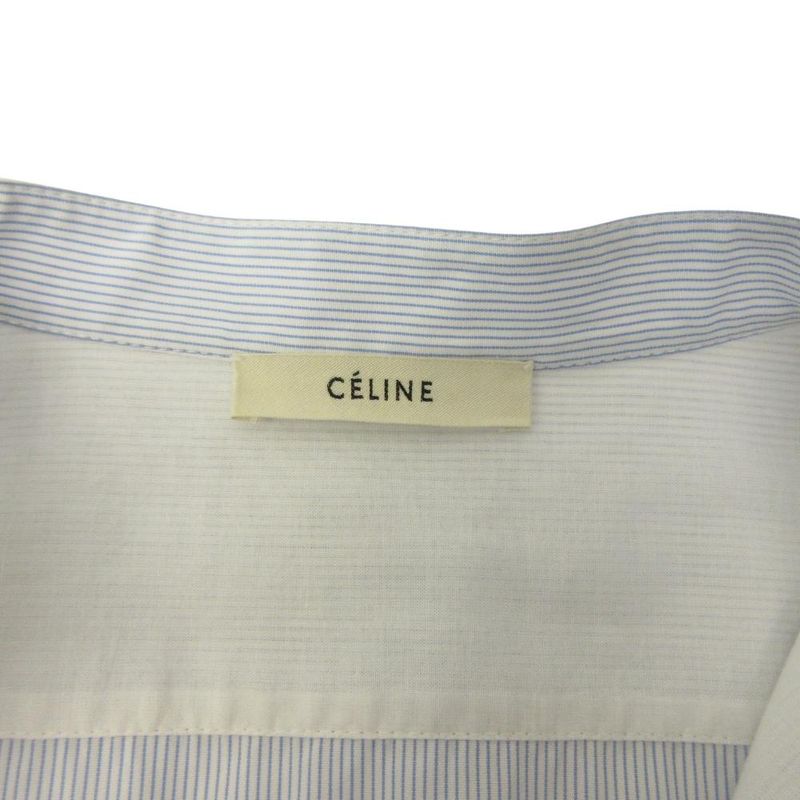 Celine Recent Phoebe Philo Era Shirt Blouse Striped Band Collar Blue White 36 S