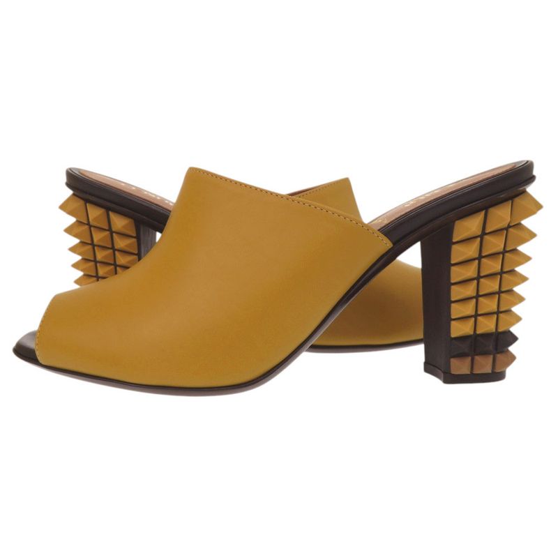 Fendi Pyramid Stud Heel Sandals 35.5 Leather Yellow Black Shoes