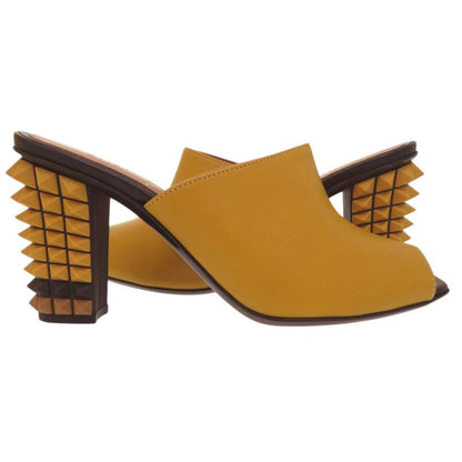 Fendi Pyramid Stud Heel Sandals 35.5 Leather Yellow Black Shoes
