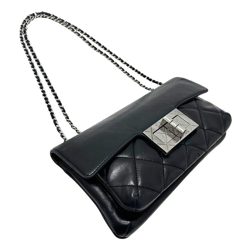 Chanel 2.55 Quilted Shoulder Bag Lambskin Black Silver Turnlock Flap