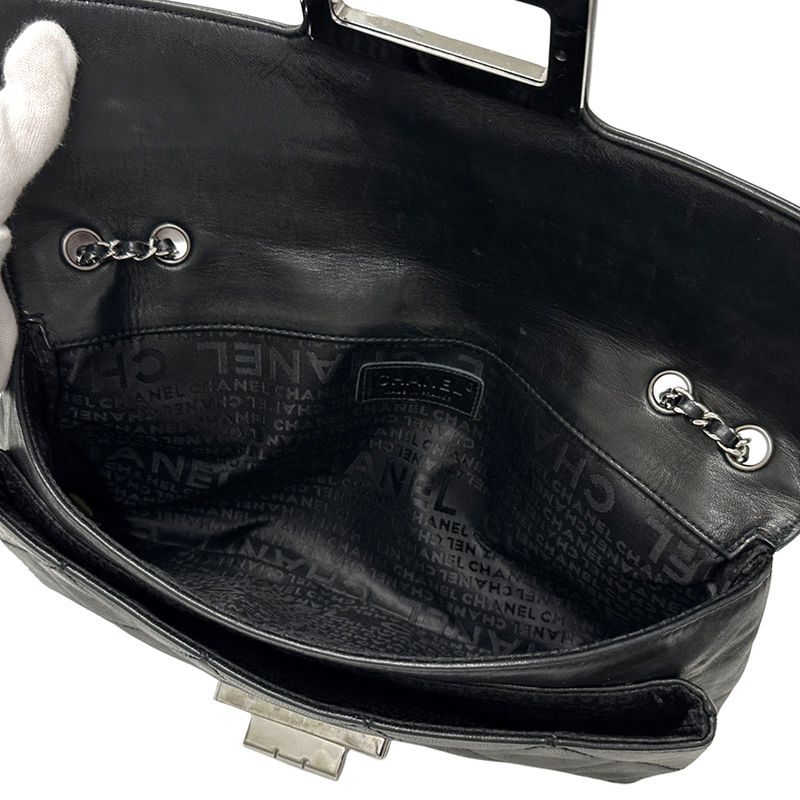 Chanel 2.55 Quilted Shoulder Bag Lambskin Black Silver Turnlock Flap
