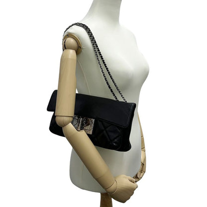 Chanel 2.55 Quilted Shoulder Bag Lambskin Black Silver Turnlock Flap