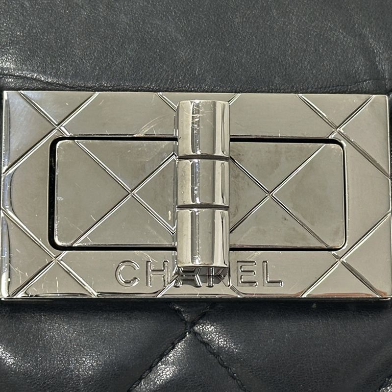 Chanel 2.55 Quilted Shoulder Bag Lambskin Black Silver Turnlock Flap