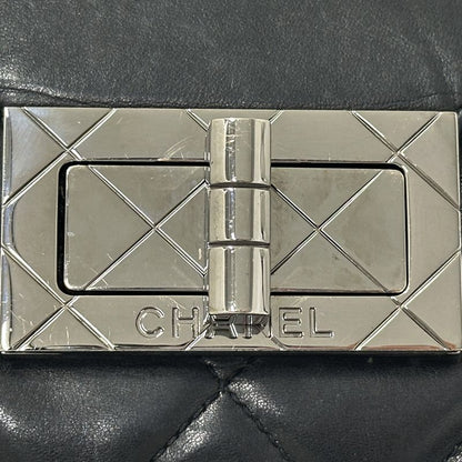 Chanel 2.55 Quilted Shoulder Bag Lambskin Black Silver Turnlock Flap