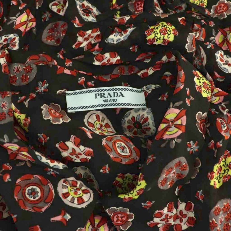 Prada Shirt Blouse Short Sleeve See Through All Over Pattern 40 Black Multicolor